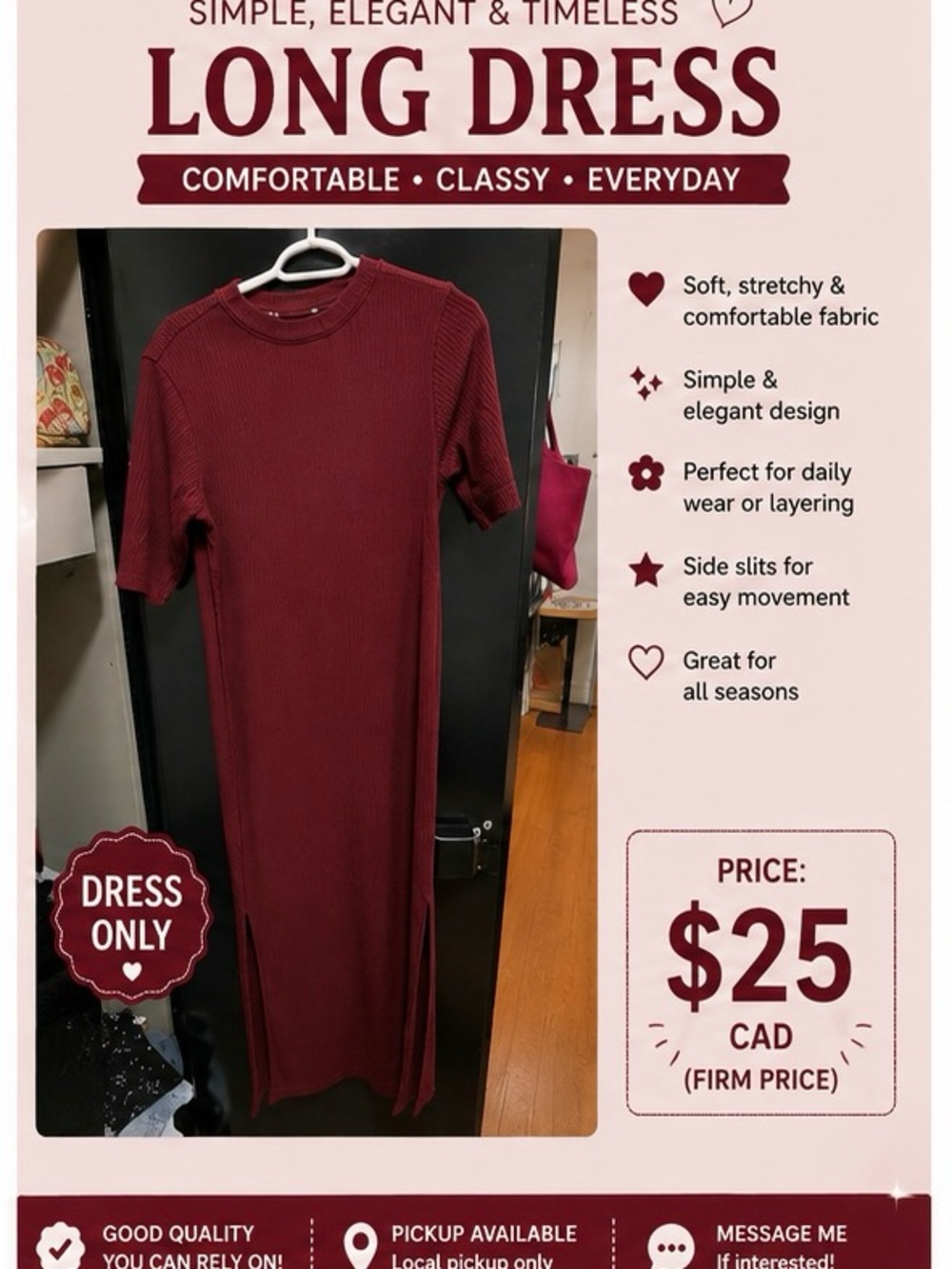 Long Ribbed Midi Dress - Burgundy